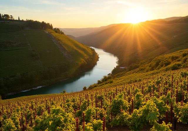 Vignobles français bordant le fleuve au coucher du soleil
